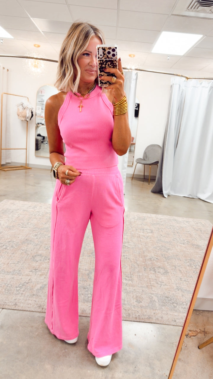 Harlow Halter Neck Crop Top & Pants Set-Barbie Pink