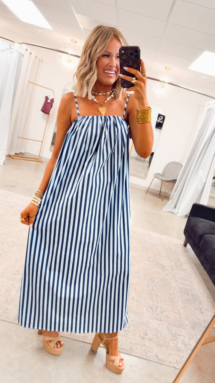The Brine Stripe Midi Dress-Blue/Navy