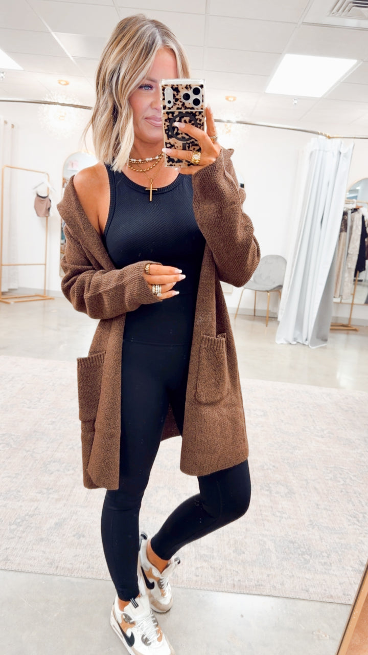 Hooded Open Front Sweater Cardigan-Brown