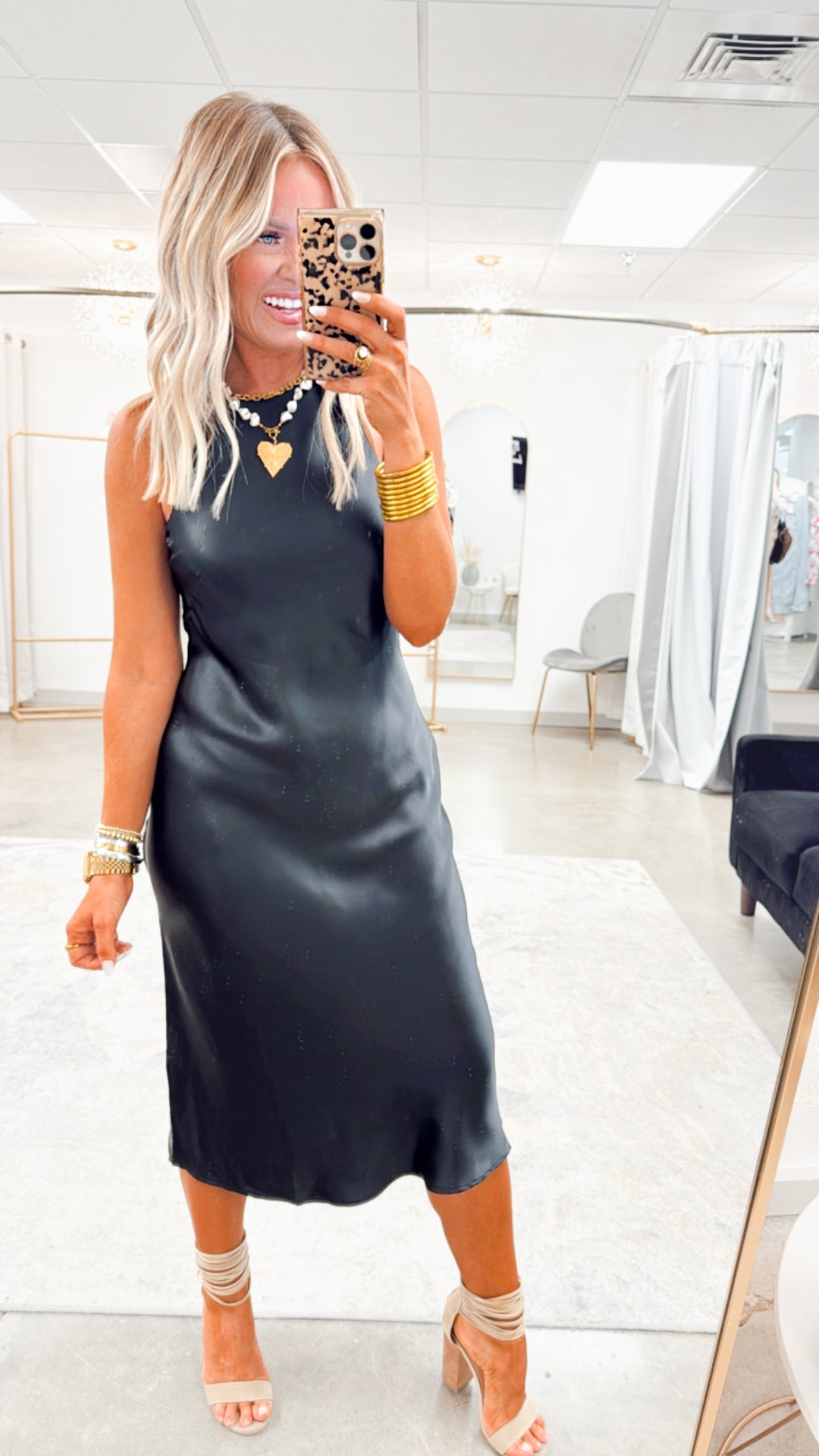 Satin Charm Midi Dress-Black