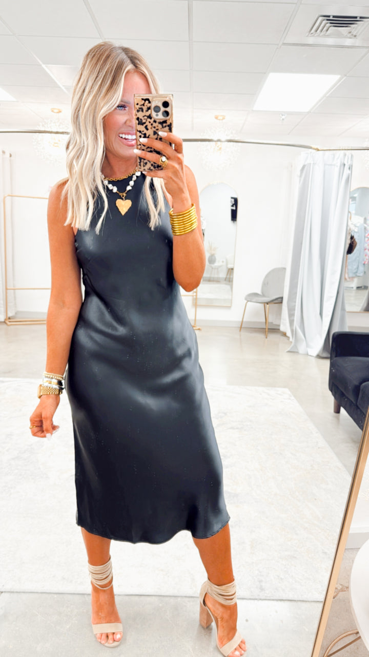 Satin Charm Midi Dress-Black