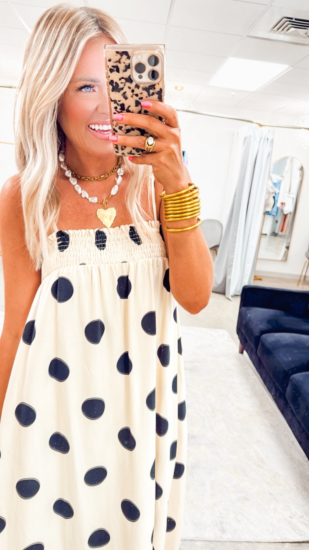 Polka Dot Smocked Maxi Dress- Cream