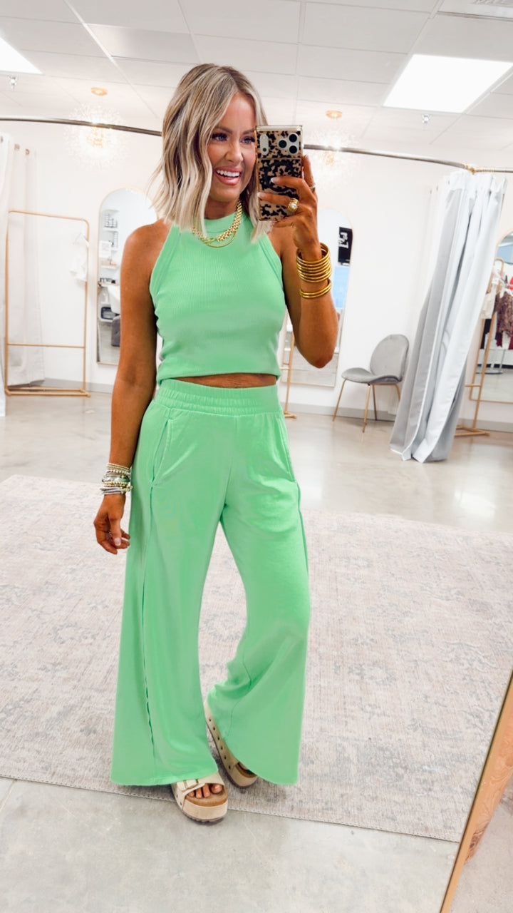 Harlow Halter Neck Crop Top & Pants Set-Lime