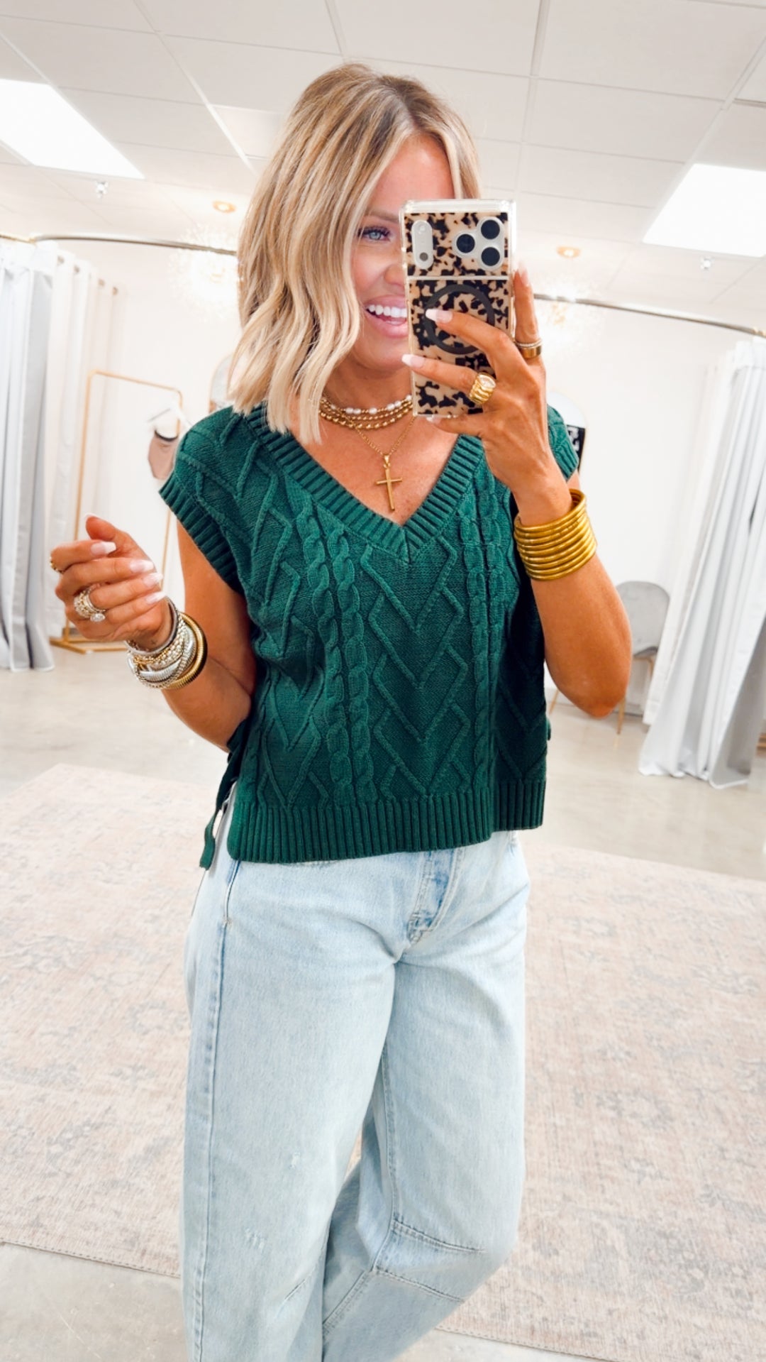 Lena Cable Knit Sweater Top-Green