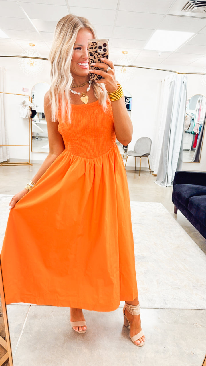 The Harper Smocked Maxi Dress- Orange