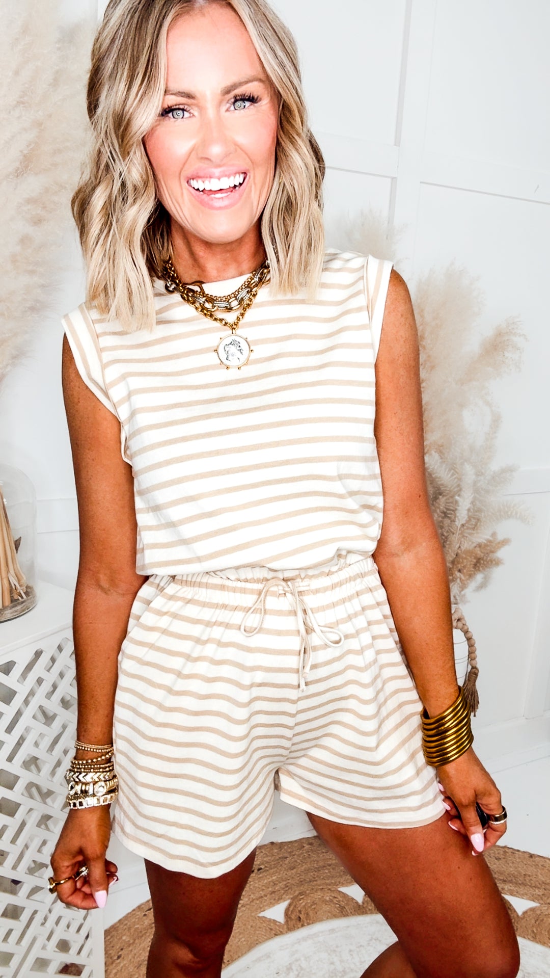 The Sadie Stripe Romper-Taupe