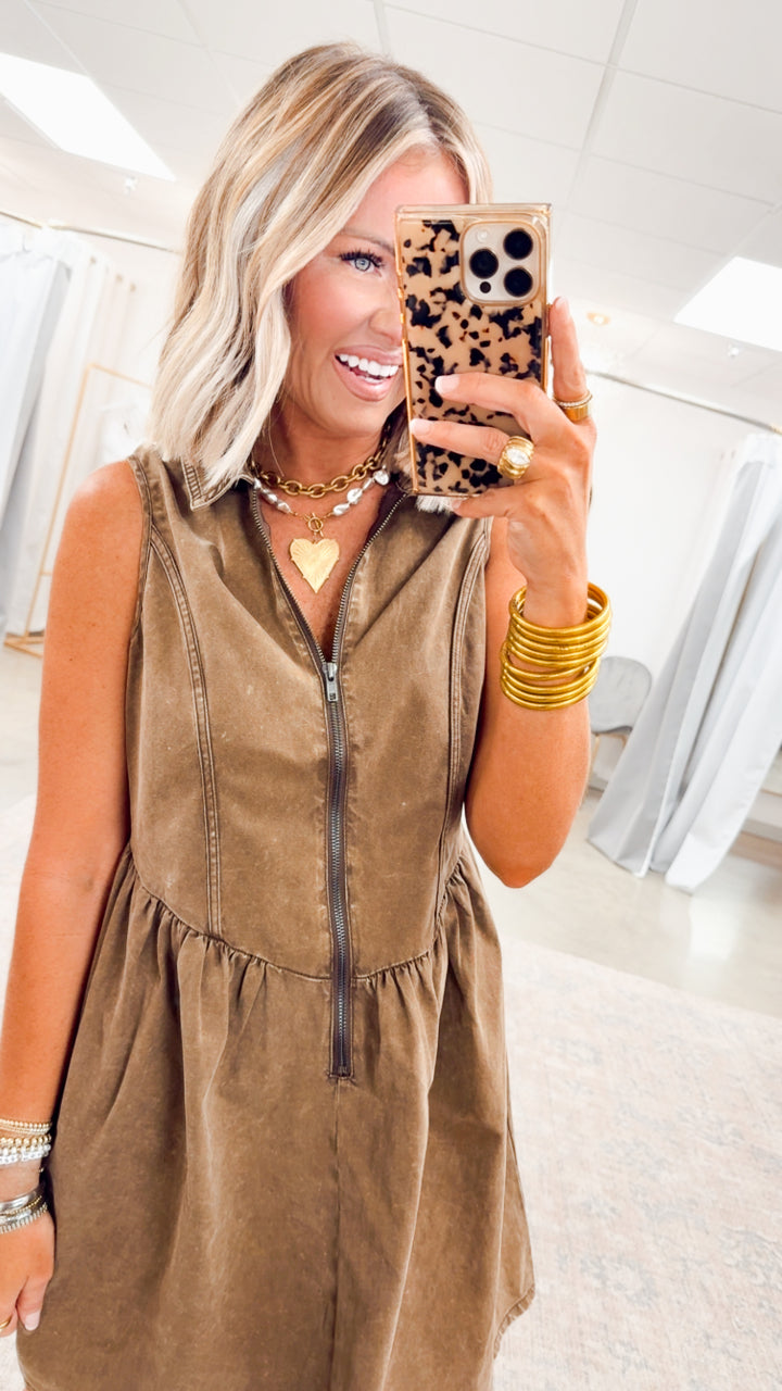 The Lacey Twill Mini Dress-Brown