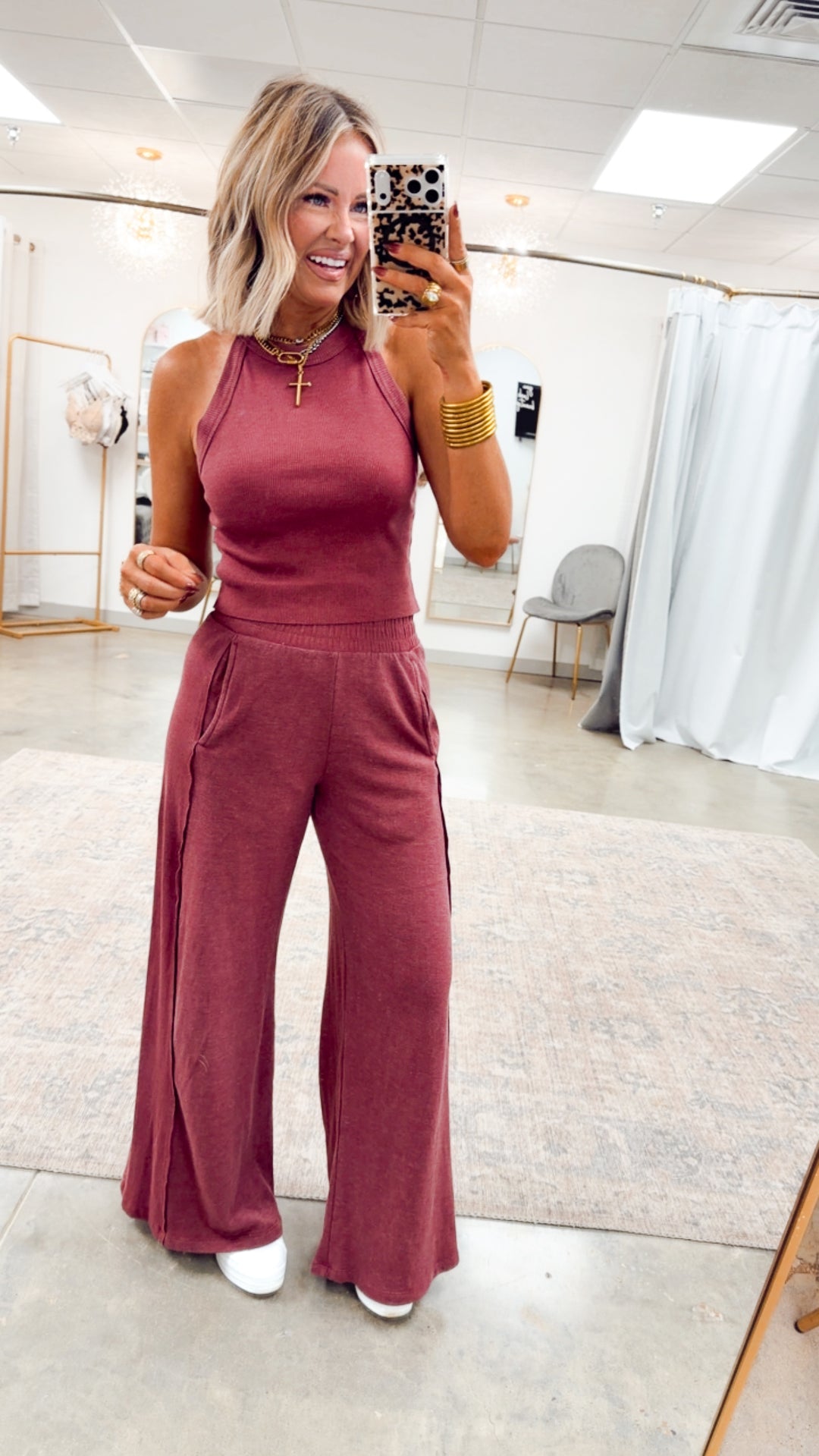 Harlow Halter Neck Crop Top & Pants Set-Wine