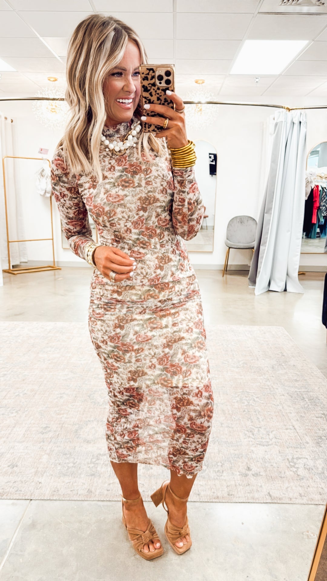 Autumn Floral Mesh Midi Dress