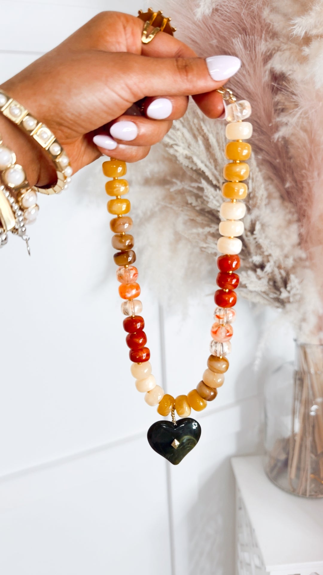 Holden Beaded Necklace with Heart Charm-Pastel