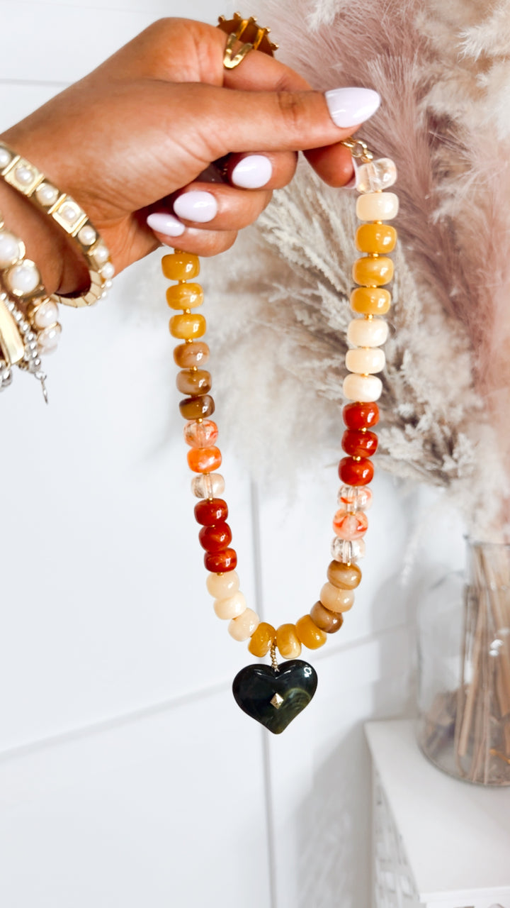 Holden Beaded Necklace with Heart Charm-Pastel