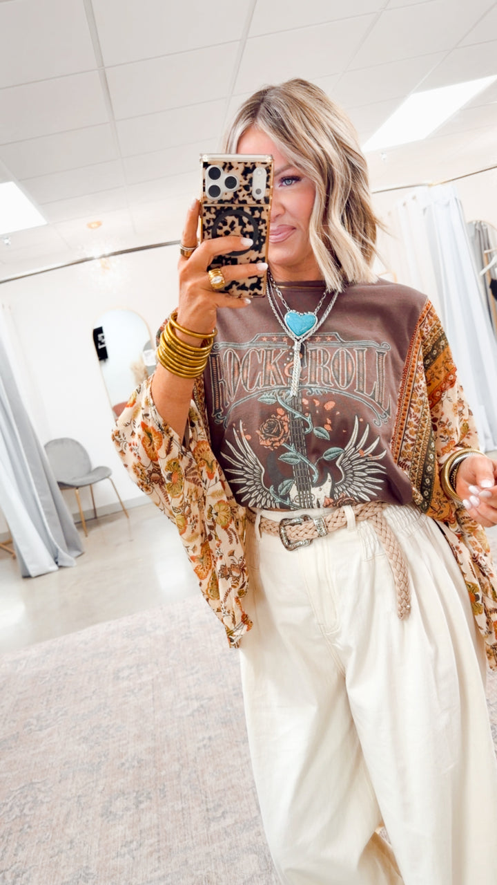 Rock N Roll Graphic Kantha Top-Brown