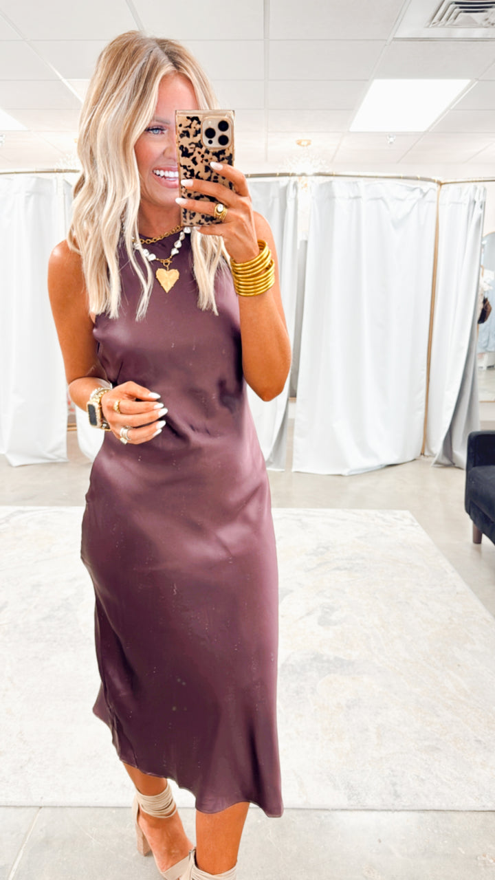 Satin Charm Midi Dress-Dark Cherry