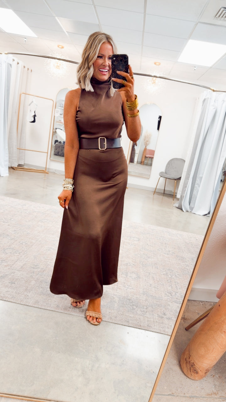 Halo High Neck Midi Dress-Brown