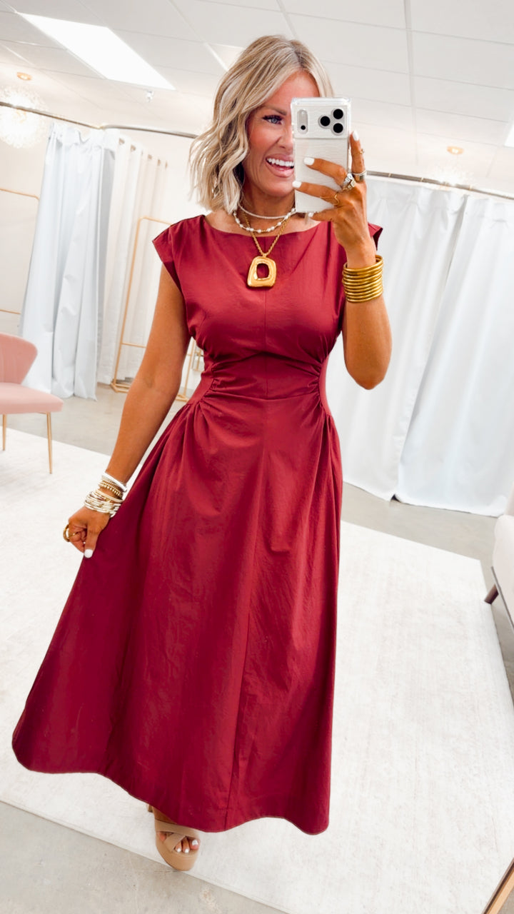 Marigold Ruched Midi Dress-Wine