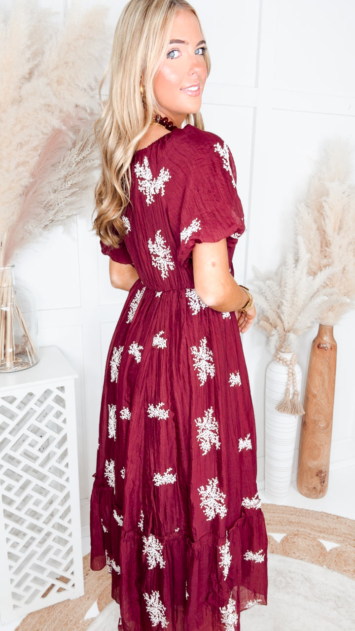 The Cascade Charm Midi Dress-Wine