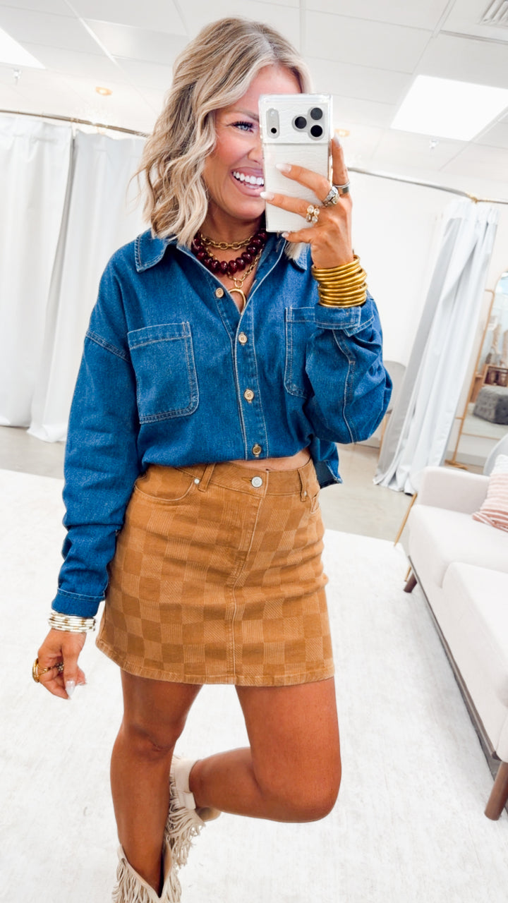 Spice It Up Checkered Denim Skirt-Tan