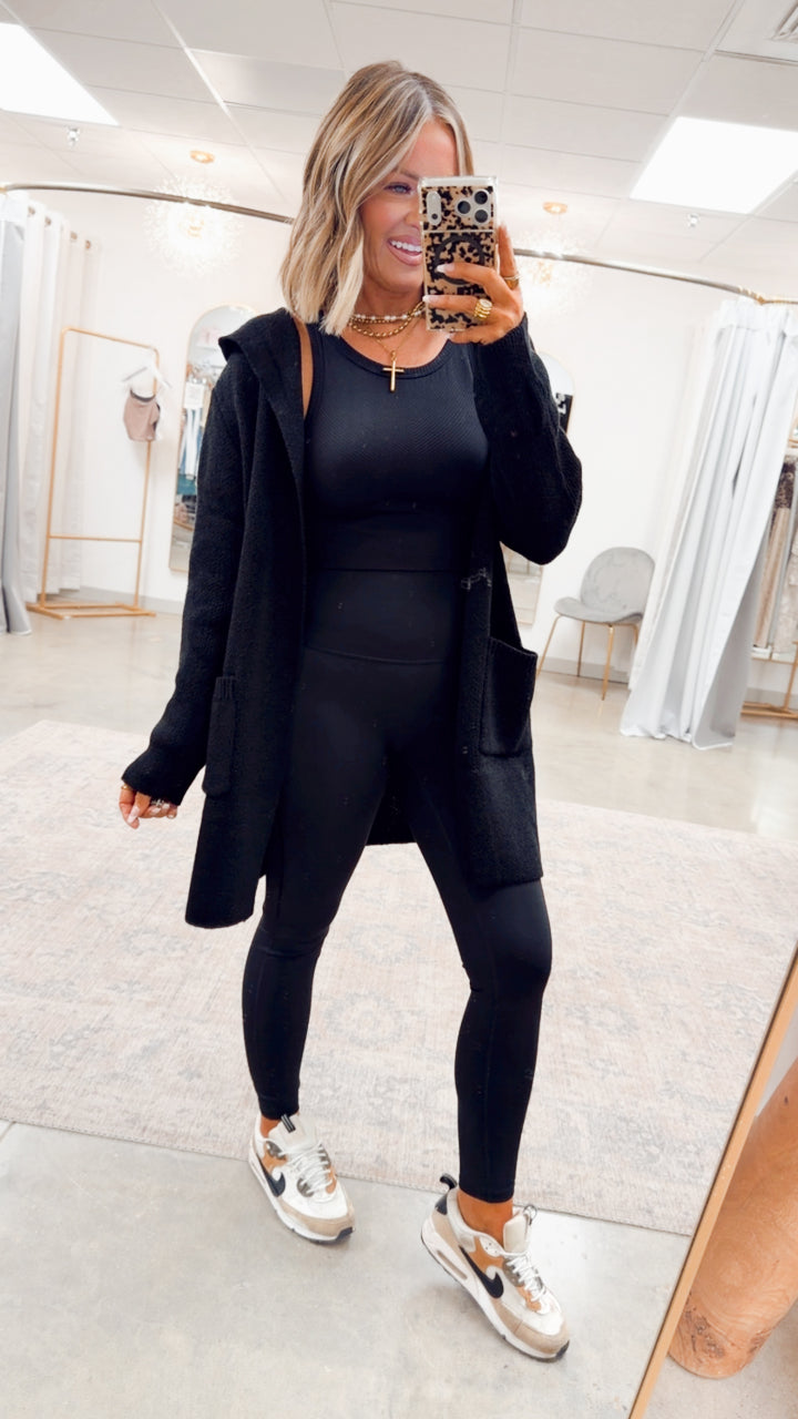 Hooded Open Front Sweater Cardigan-Black