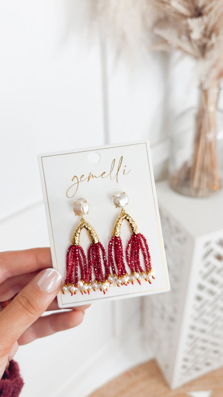 The Pearl Beaded Red Tassel Earrings