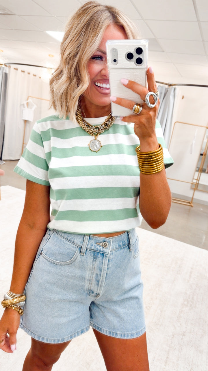 Everyday Striped Tee-Green/White