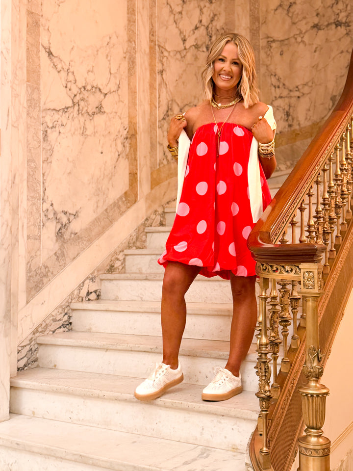 Darling Polka Dot Bubble Hem Dress-Red/Pink