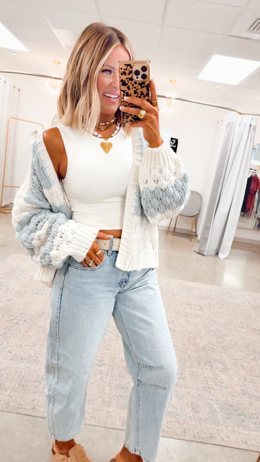 Textured Striped Sweater Cardigan- Off White/Blue