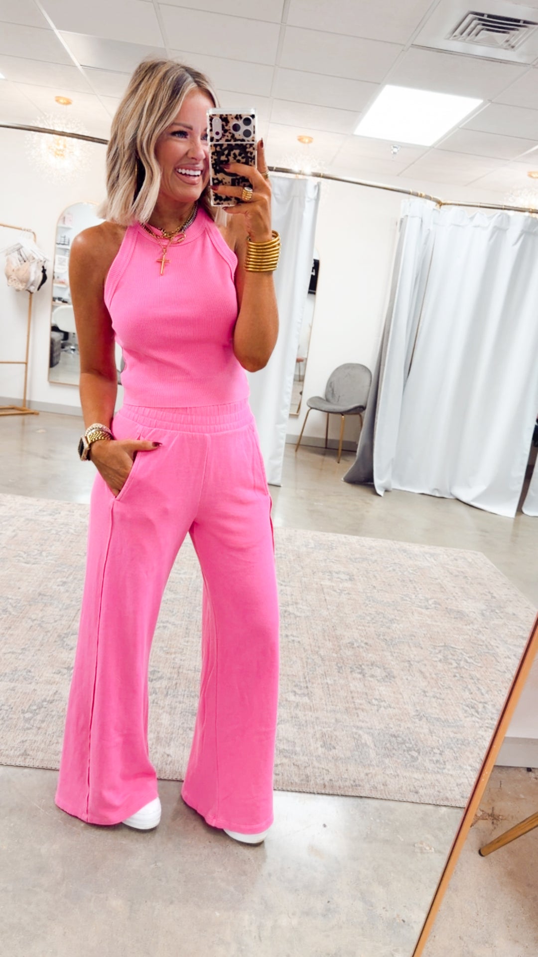 Harlow Halter Neck Crop Top & Pants Set-Barbie Pink