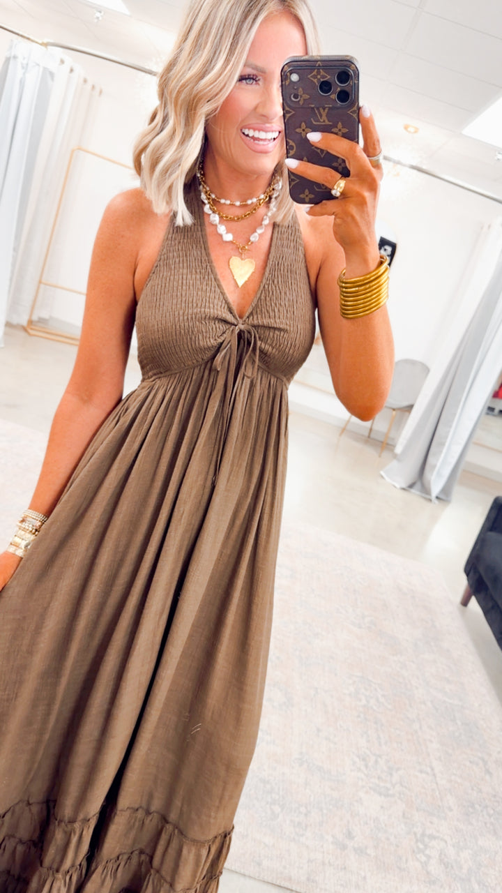 The Lila Halter Maxi Dress-Chocolate