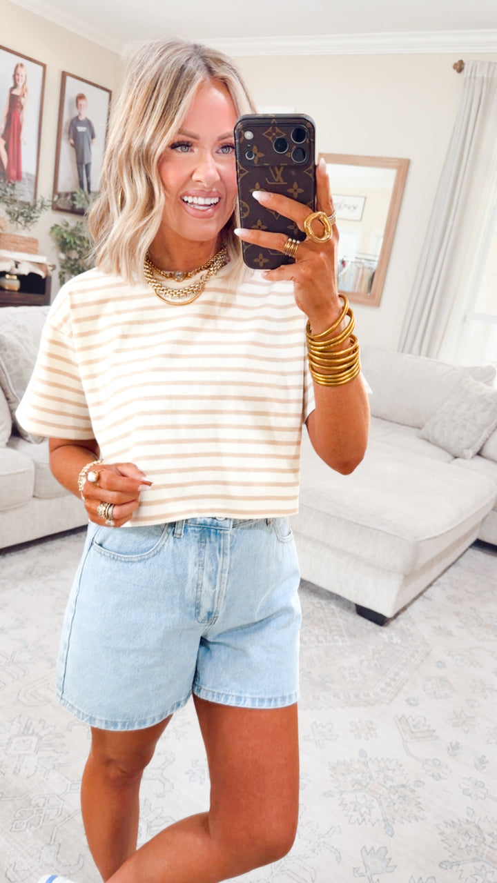 The Essential Cropped Stripe Tee-Taupe