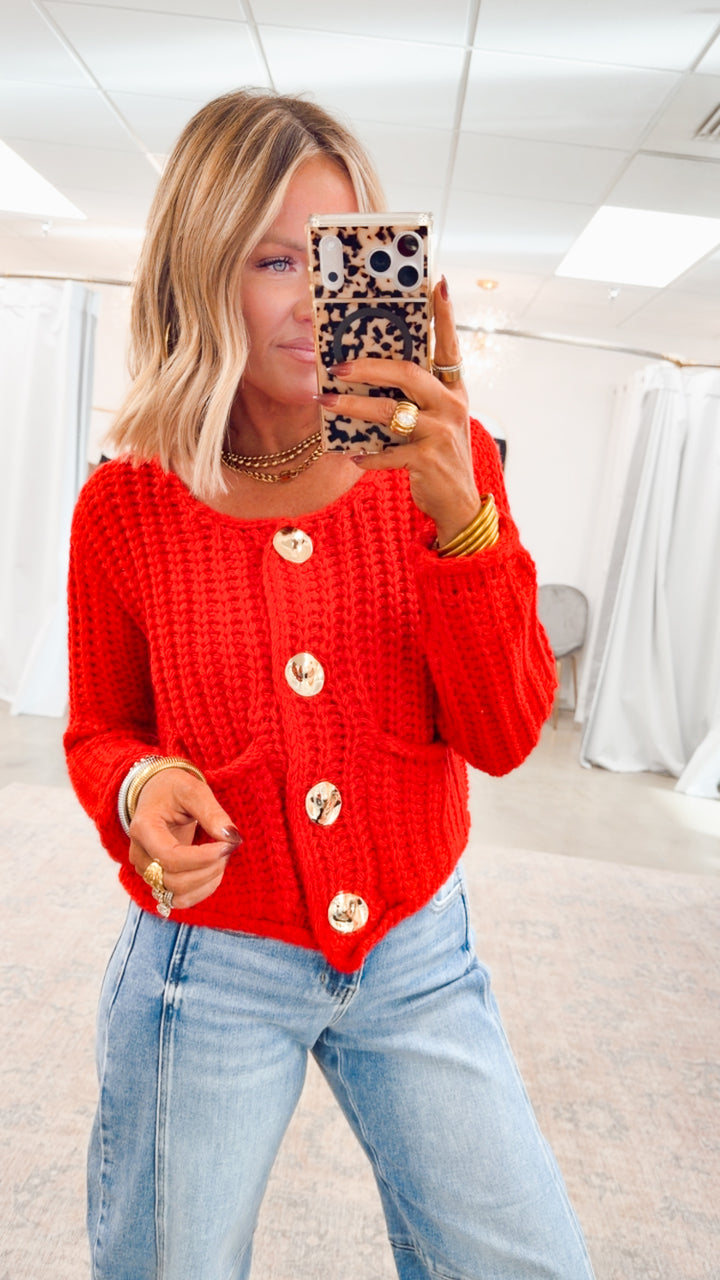 Callie Button Up Cardigan Top-Red