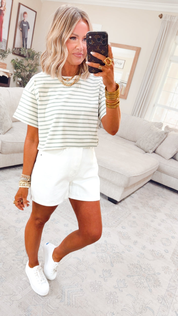 The Essential Cropped Stripe Tee-Sage Green