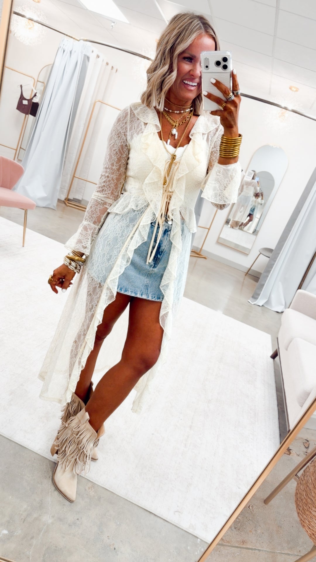 Sheer Lace Ruffle Duster-Ecru