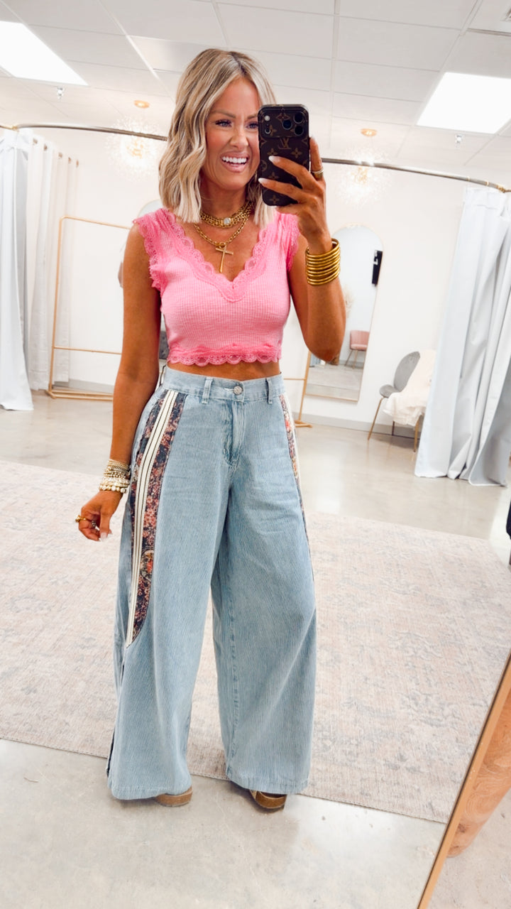 Noa Lace Crop Tank-Fuchsia