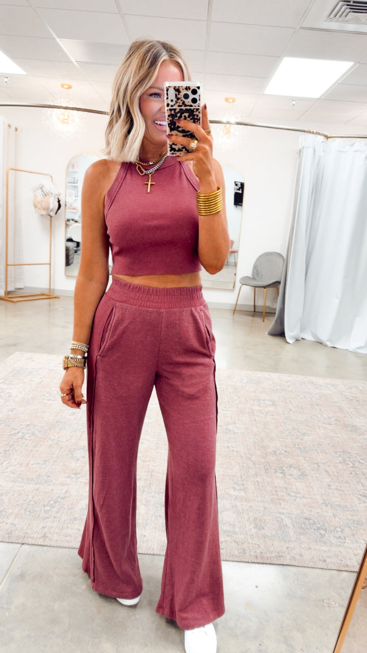 Harlow Halter Neck Crop Top & Pants Set-Wine