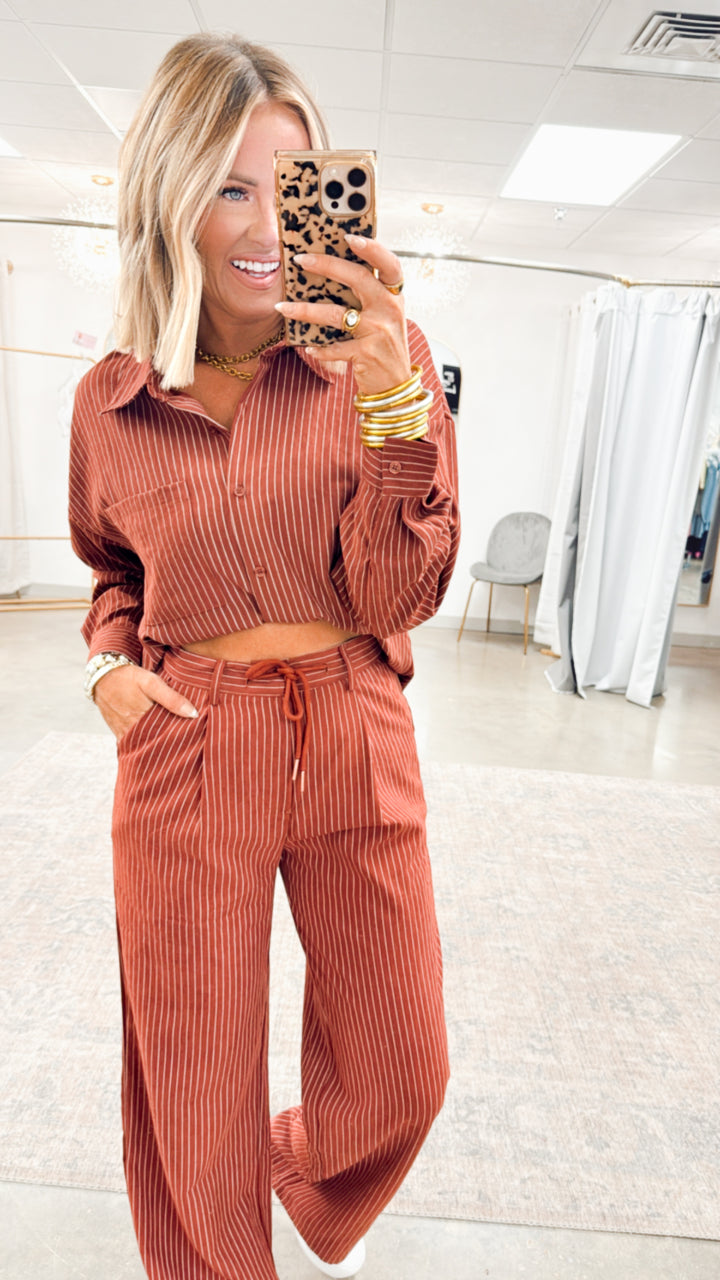 Lexi Pinstripe Top & Pants Set-Burgundy