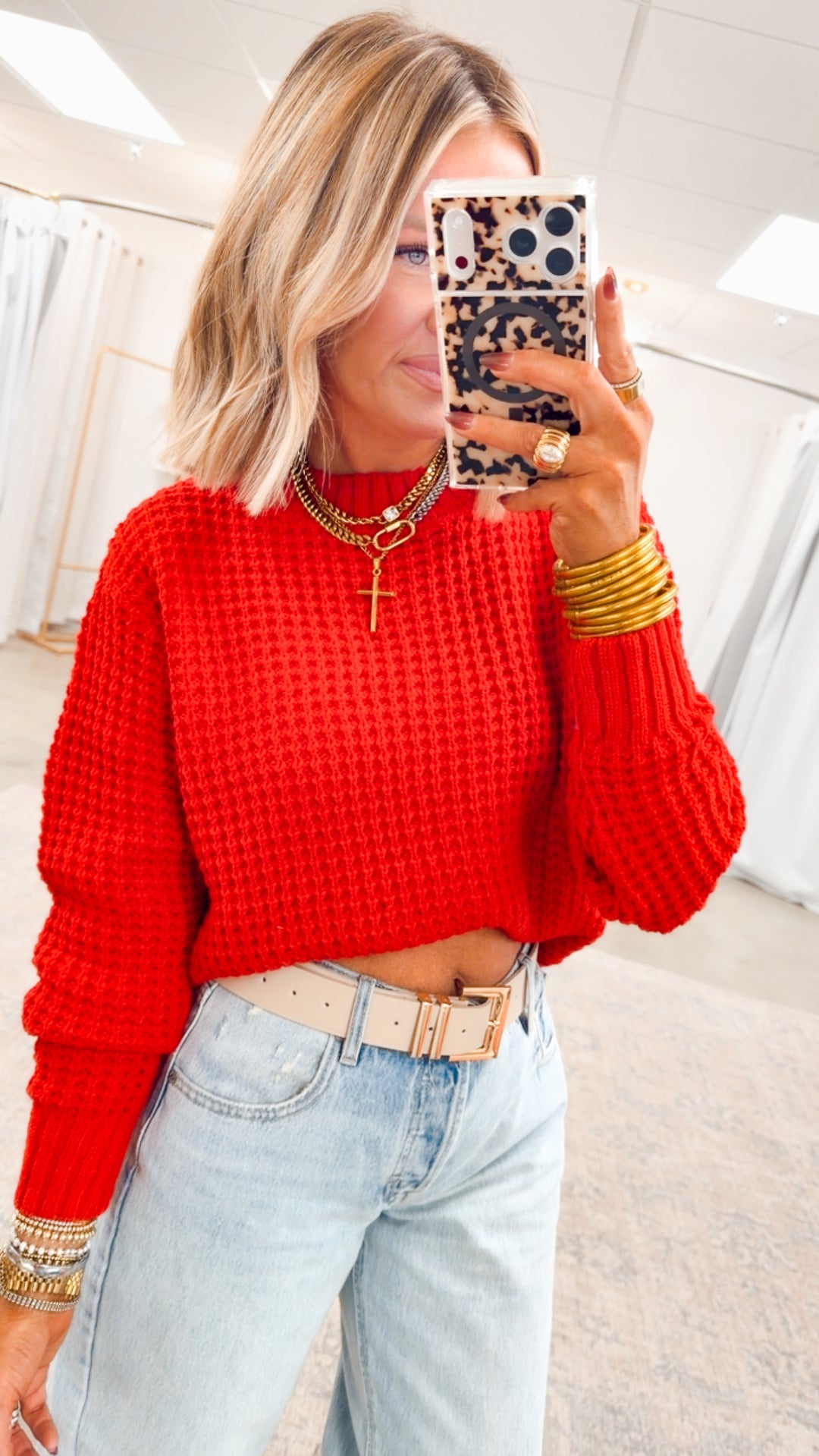 The Maren Hi-Low Waffle Knit-Ruby