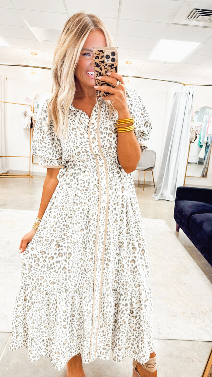 Cinched Leopard Midi Dress