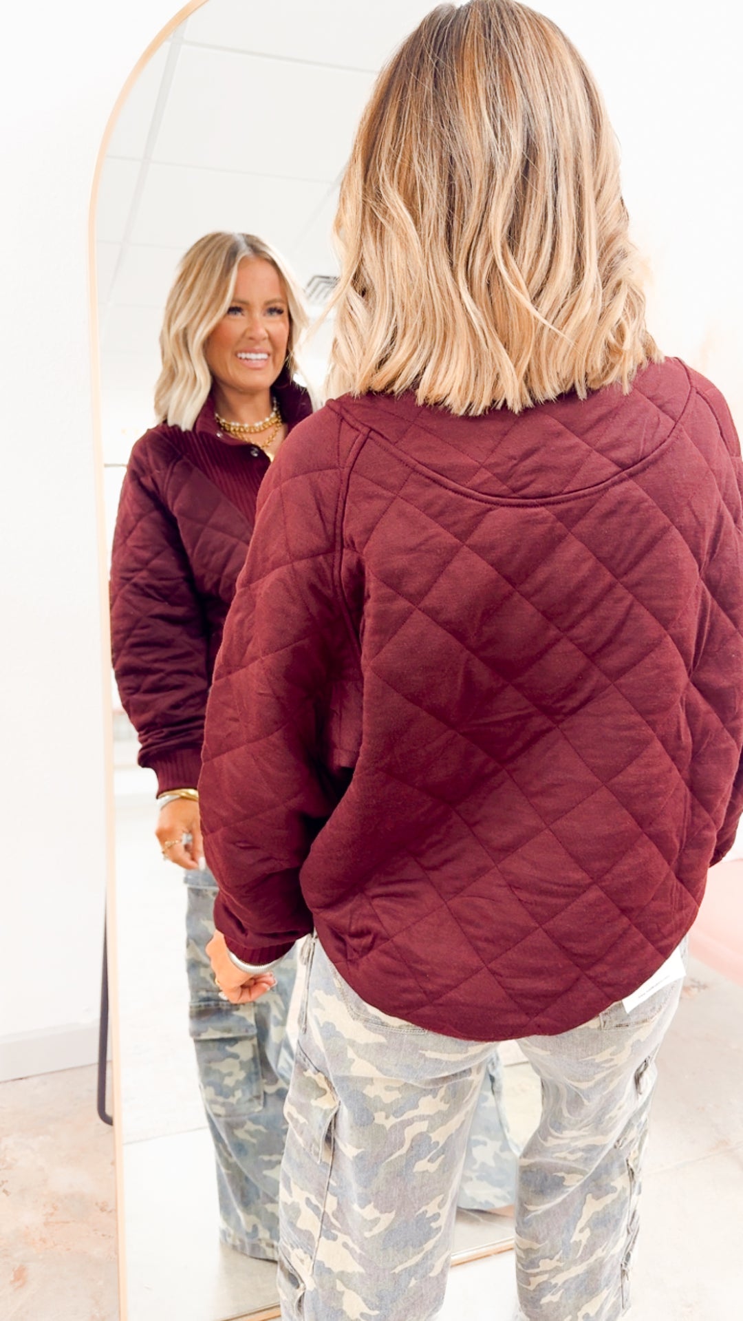 Quilted Snap Pullover-Dk Cherry
