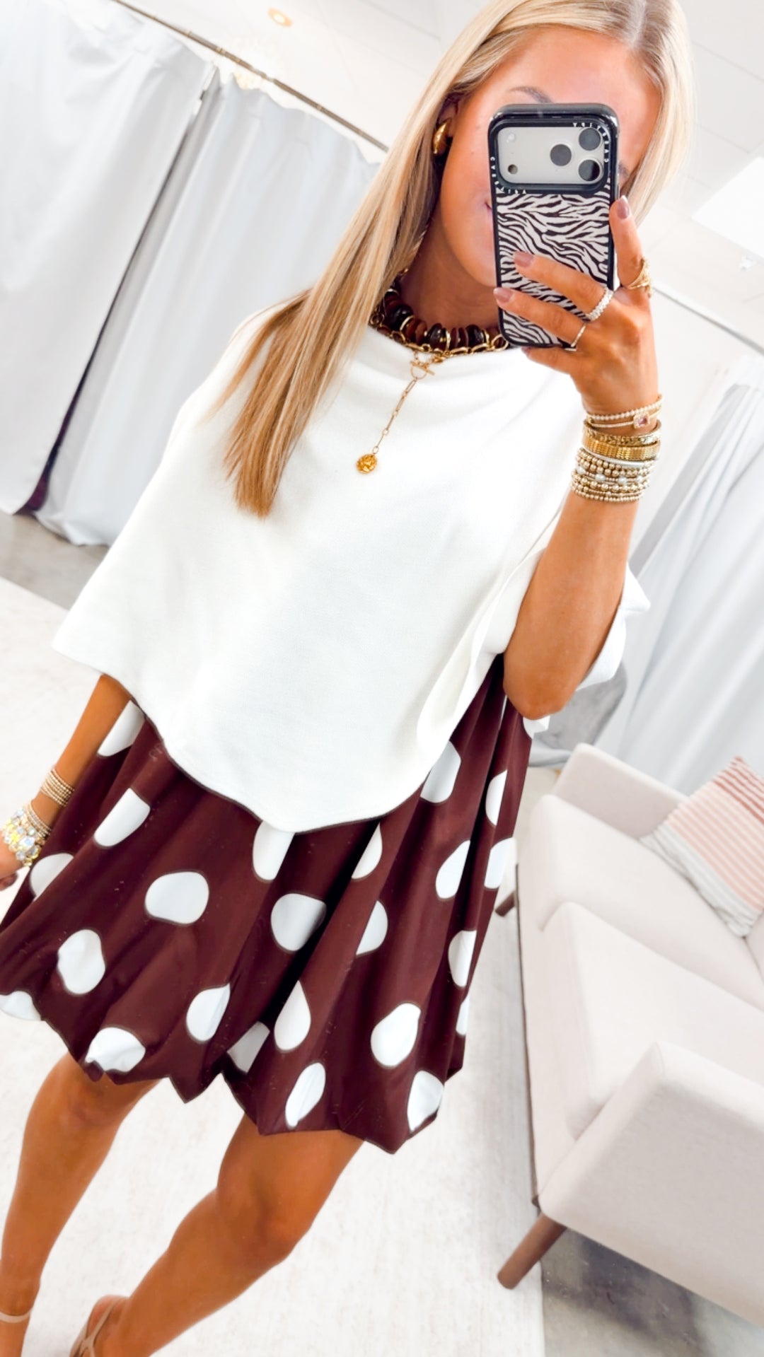 Darling Polka Dot Bubble Hem Dress-Brown/Ivory