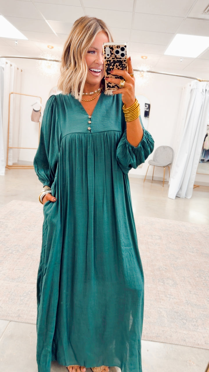Bell Sleeve Midi Dress-Hunter Green