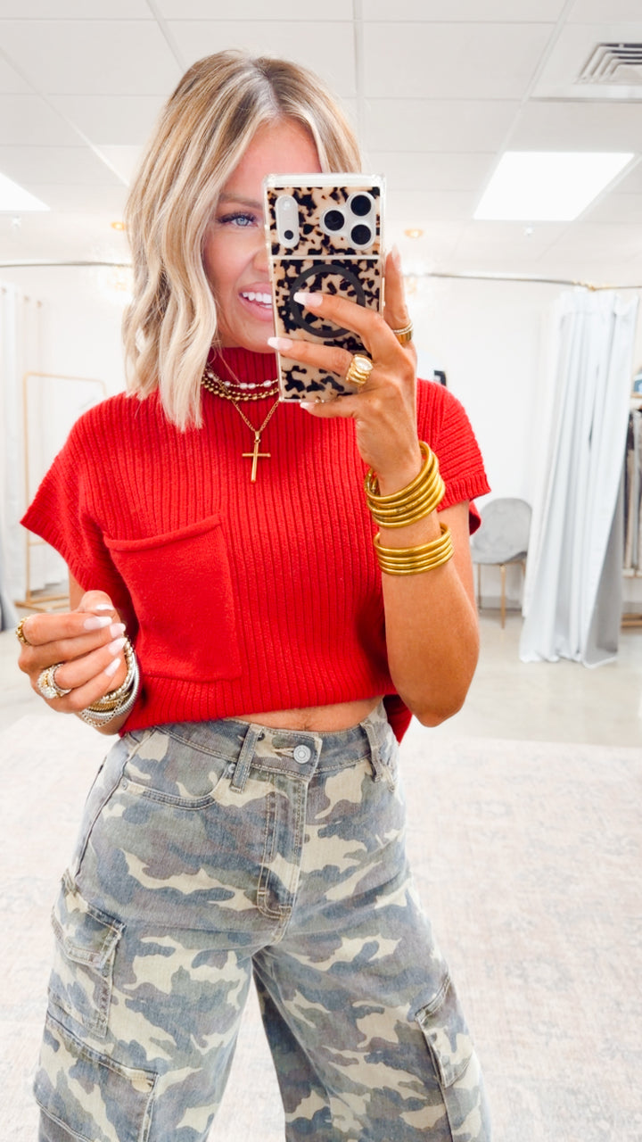 Dani Ribbed Short Sleeve Sweater-Red