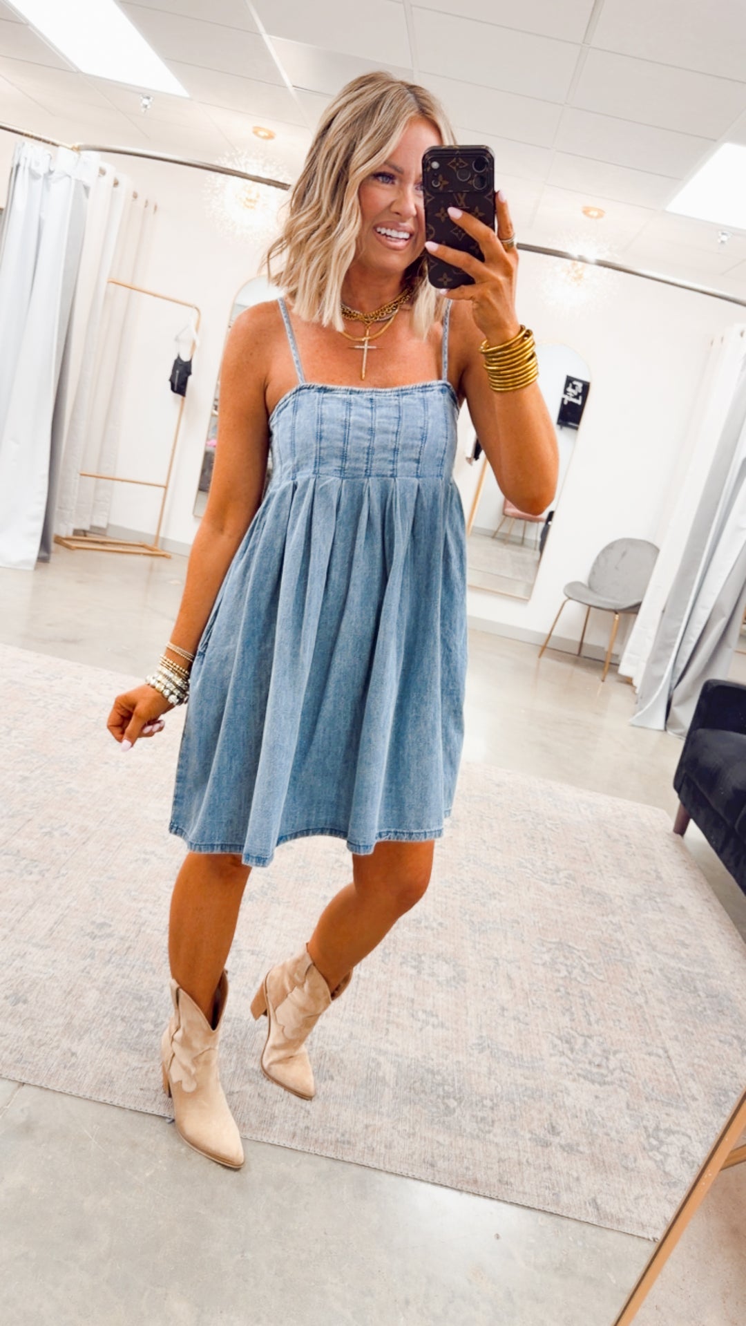 Teagan Pleated Mini Dress-Medium Denim