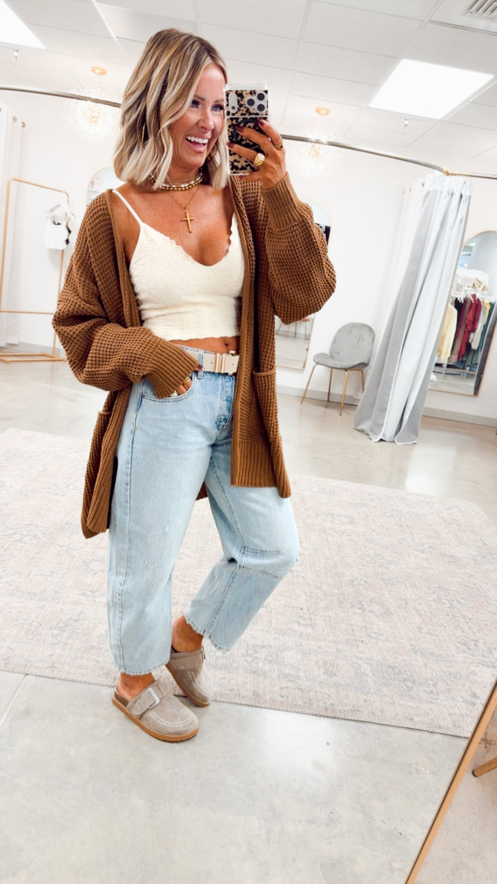 Deep Camel Waffle Weave Cardigan