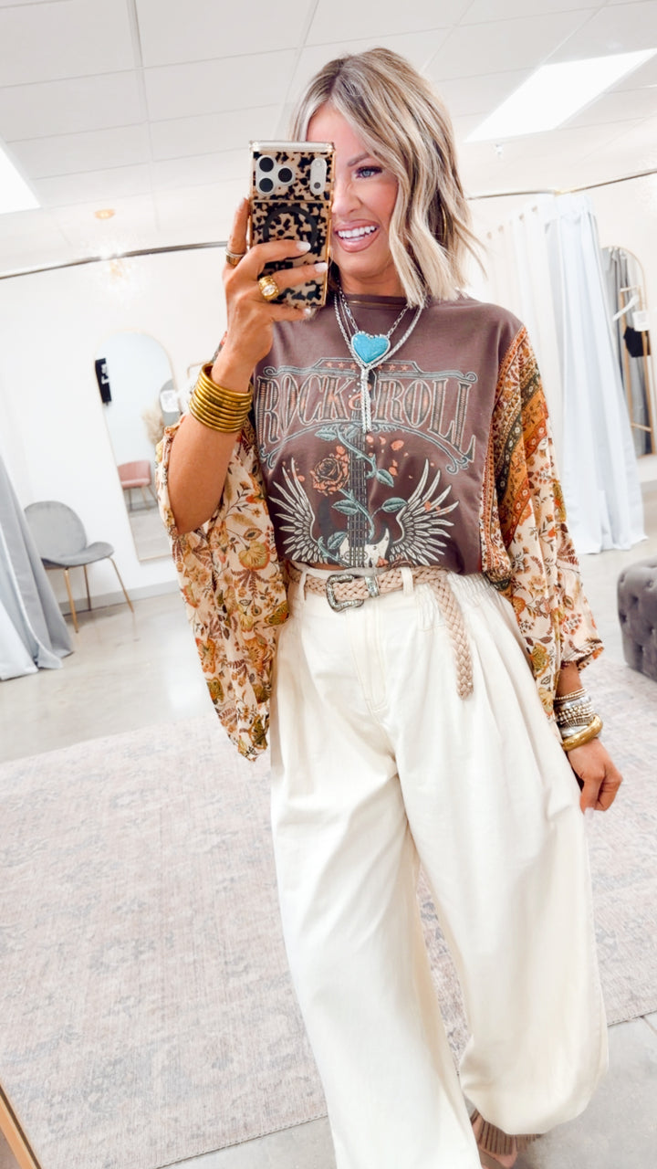 Rock N Roll Graphic Kantha Top-Brown