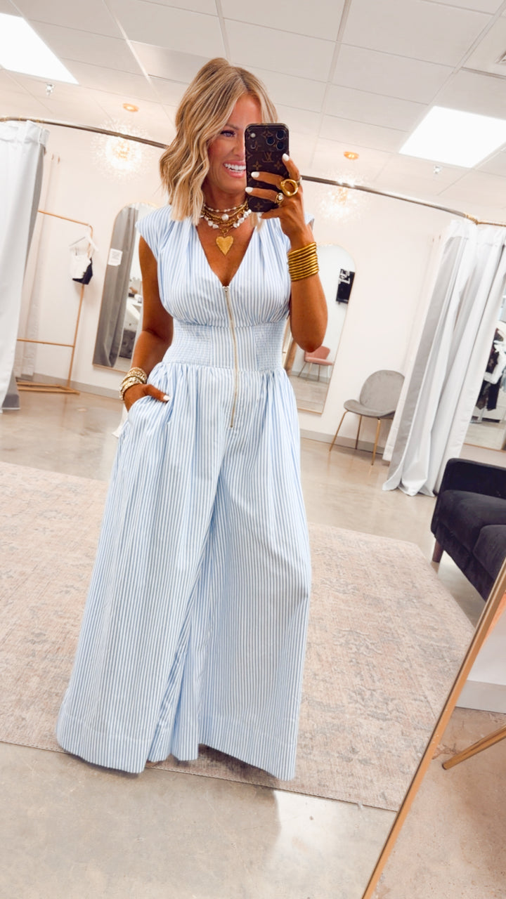 The Blue Bay Jumpsuit-Blue/White
