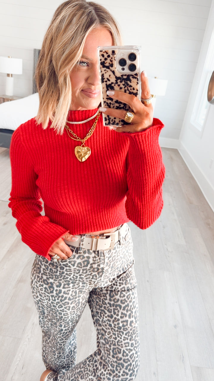 Sleek Mock Neck Ribbed Top-Red