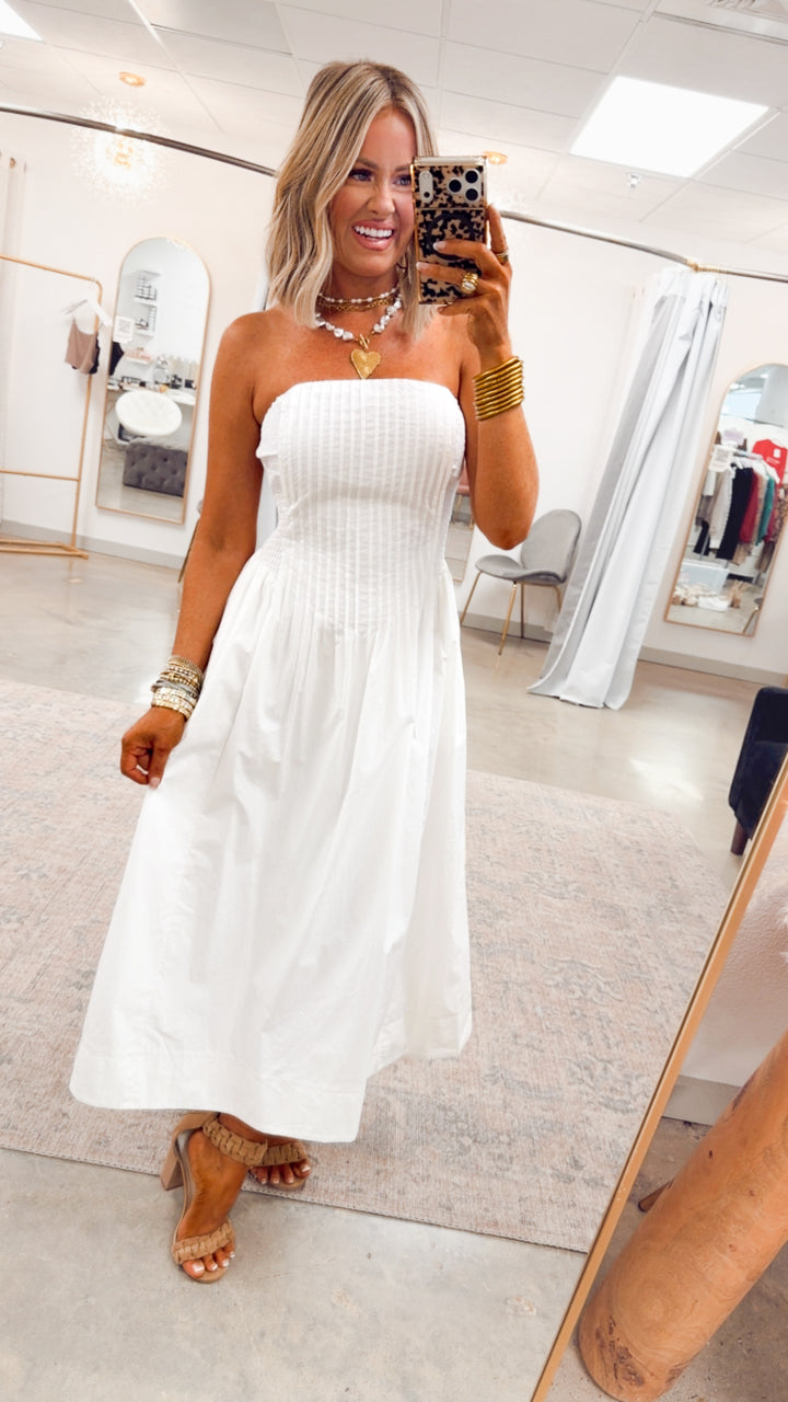 The Prescott Strapless Midi Dress