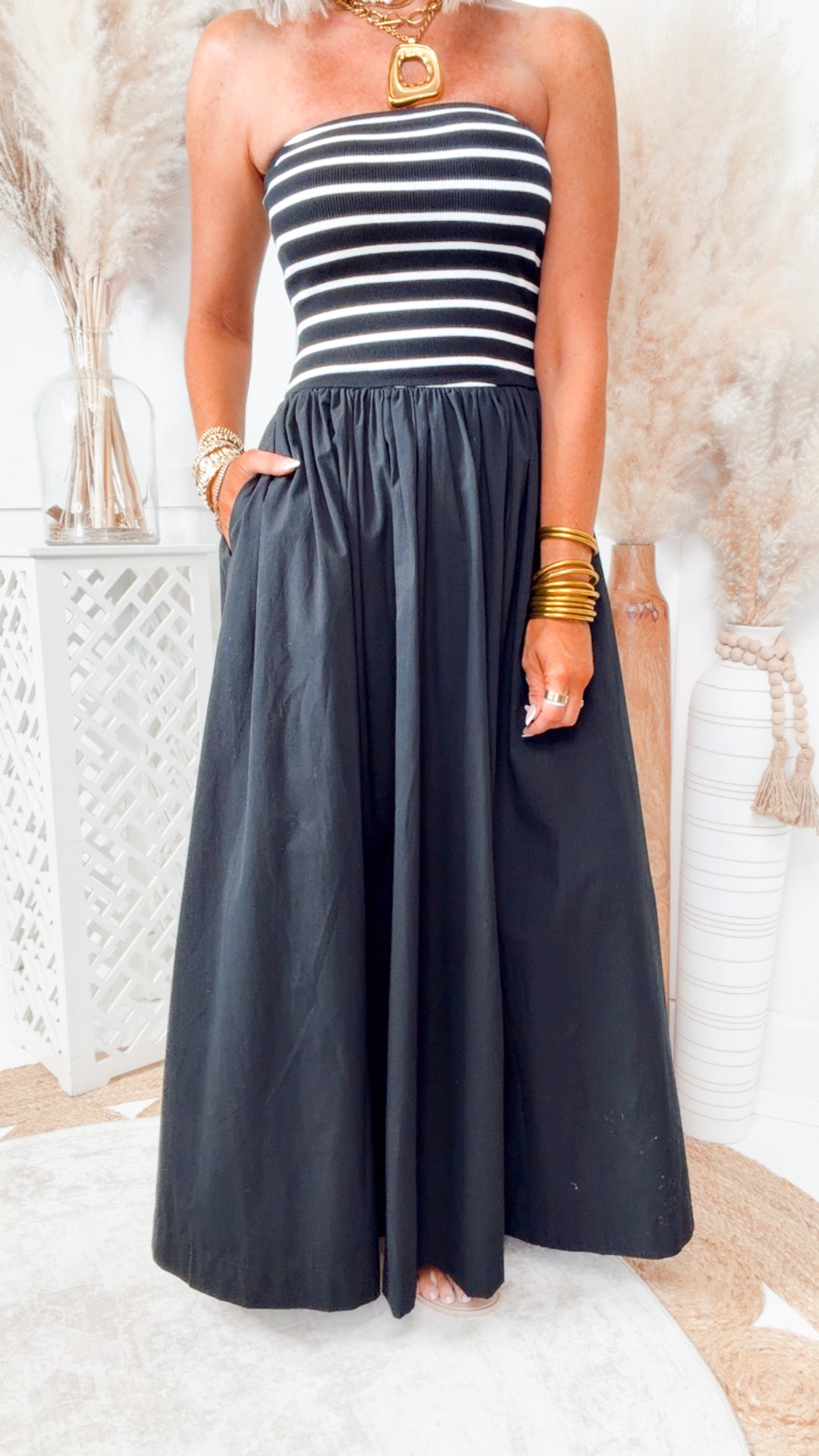 FINAL SALE- The Seaview Stripe Maxi Dress-Black Large