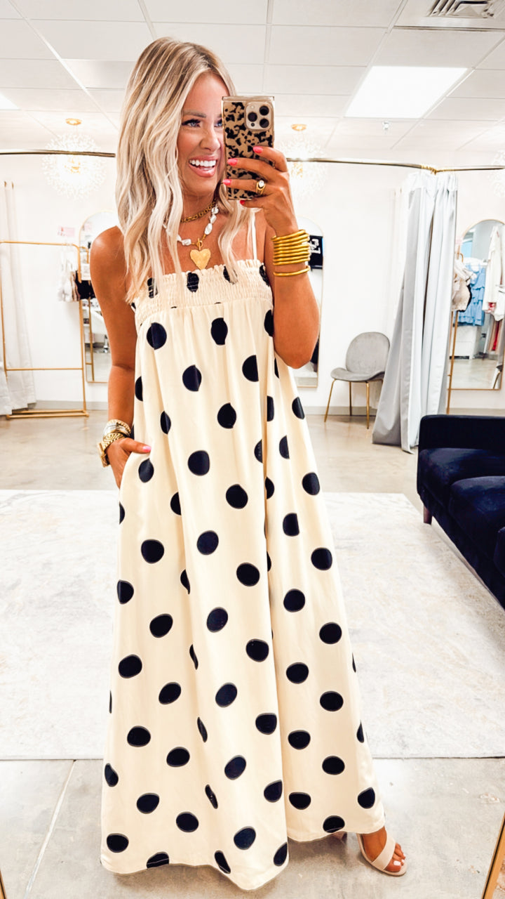 Polka Dot Smocked Maxi Dress- Cream