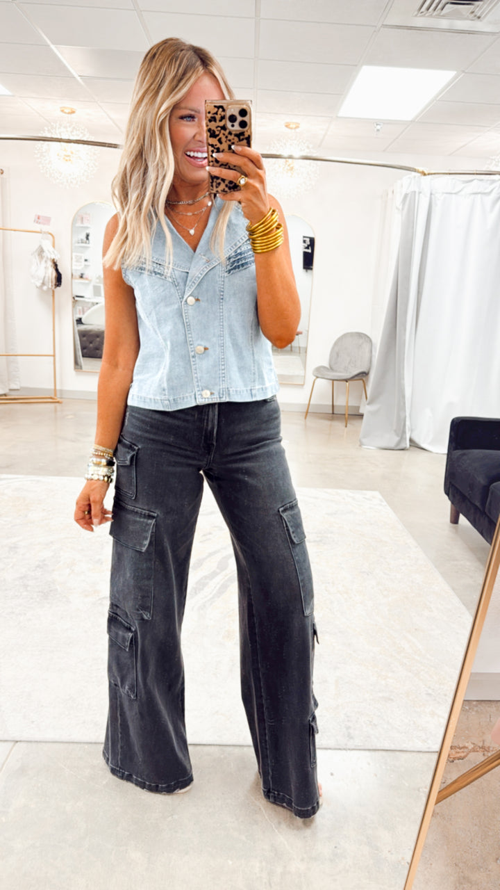 Charcoal Couture-High Rise Cargo Jeans